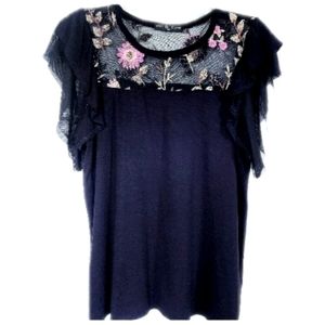 Kim & Cami Black Embroidered Mesh Short Sleeve Top, Women's Size Small